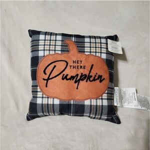 Hey, There Pumpkin Thanksgiving Halloween Buffalo Plaid Throw Pillow 12"×12"
